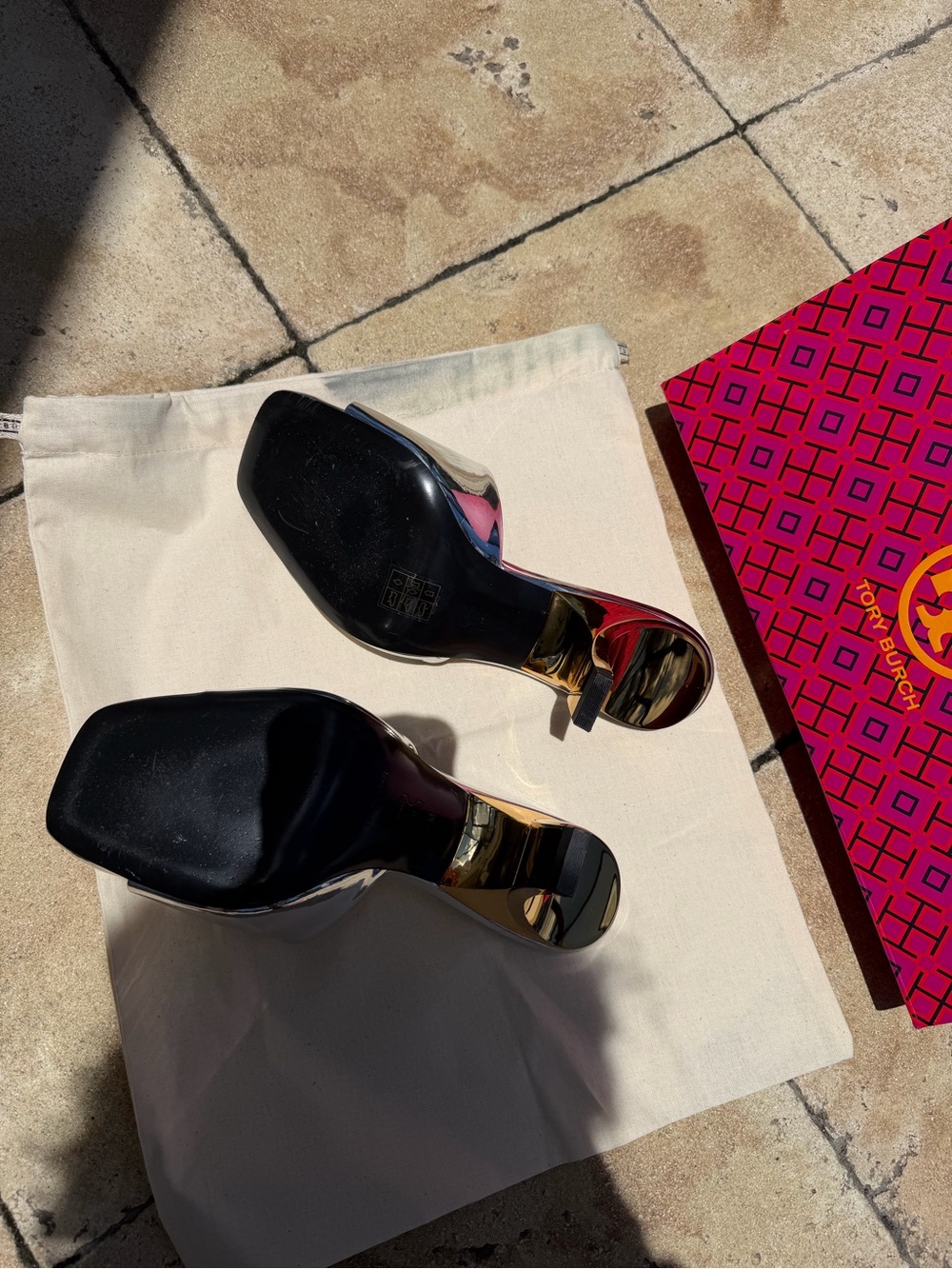 Tory Burch Silver Mirror Slide Mules with Gold Accents - Picture 2 of 4